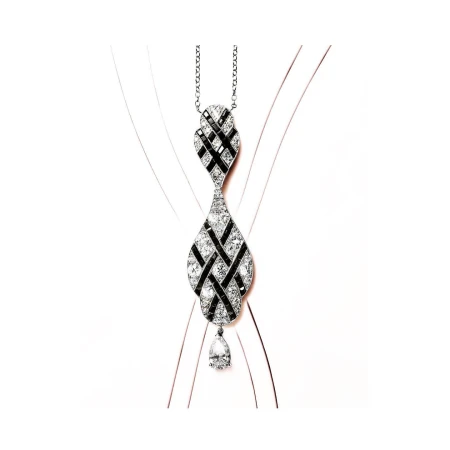 Elegant necklace with a woven pattern of black and clear gemstones on a delicate silver chain, displayed against a simple background.