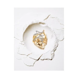 An ornate gold and diamond branch-shaped ring rests inside a carved circular indentation within a textured white plaster background.