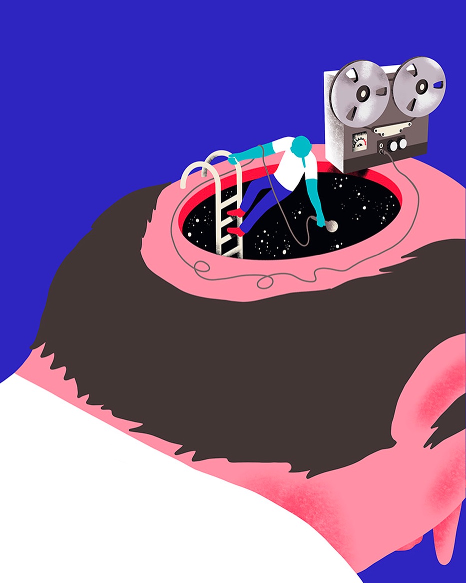 Stylized illustration of a man climbing a ladder into a head-shaped void connected to a reel-to-reel recorder against a blue background.