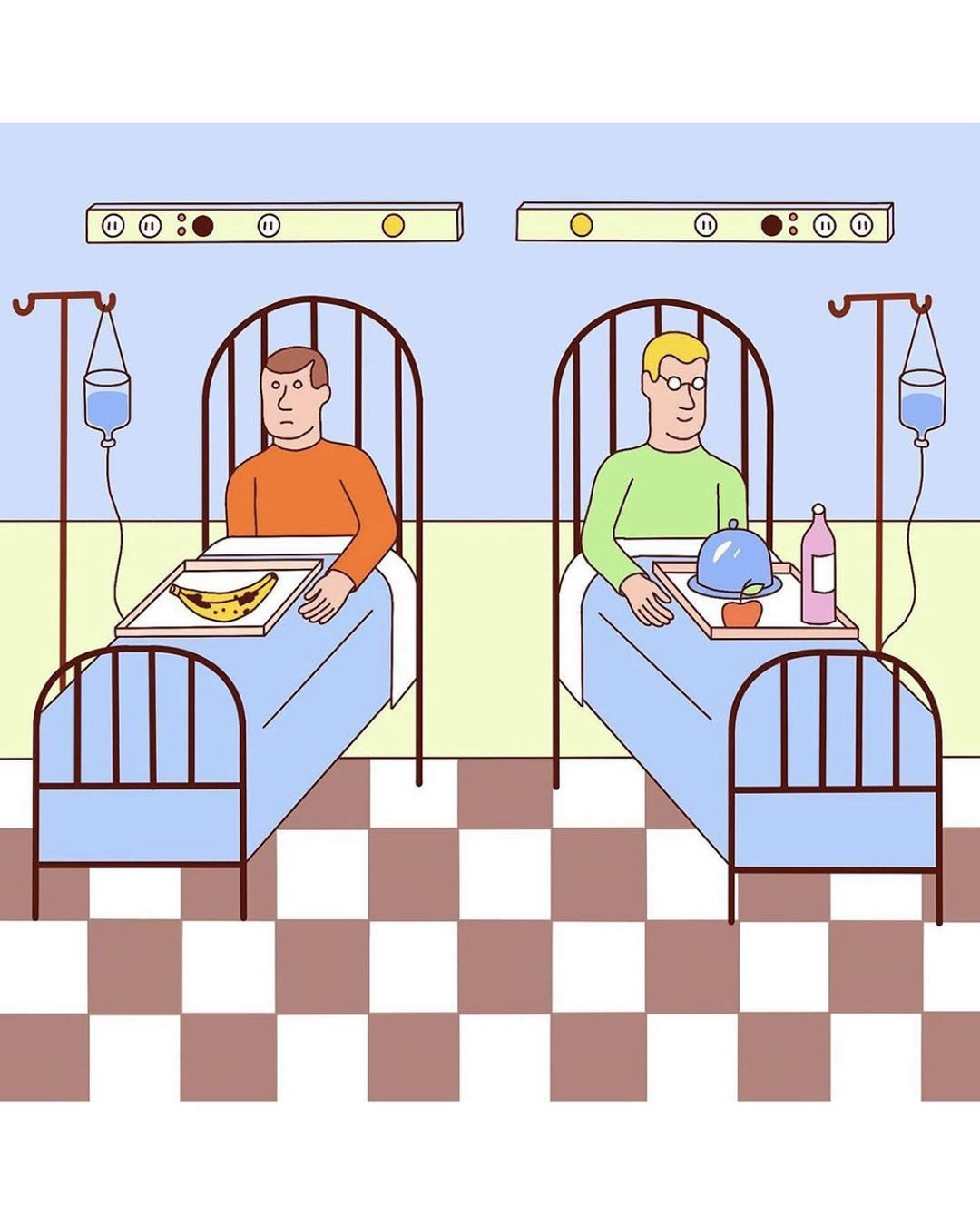 Cartoon illustration of two men in hospital beds with IV drips, trays of food, in a tiled room under fluorescent lights.