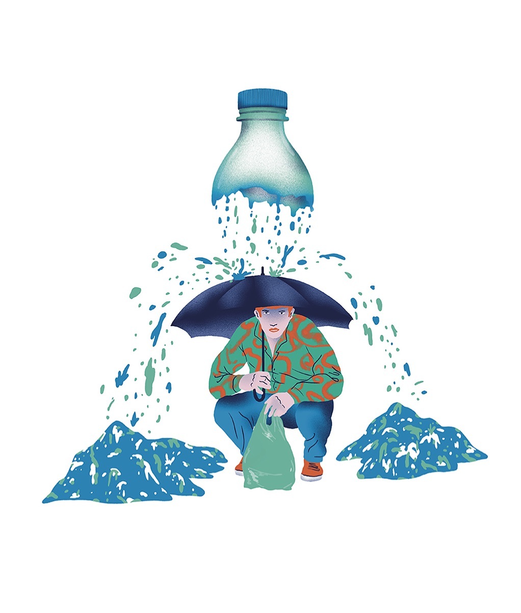 Illustration depicting a person sheltering under an umbrella from water pouring from a plastic bottle, with waste piles nearby.