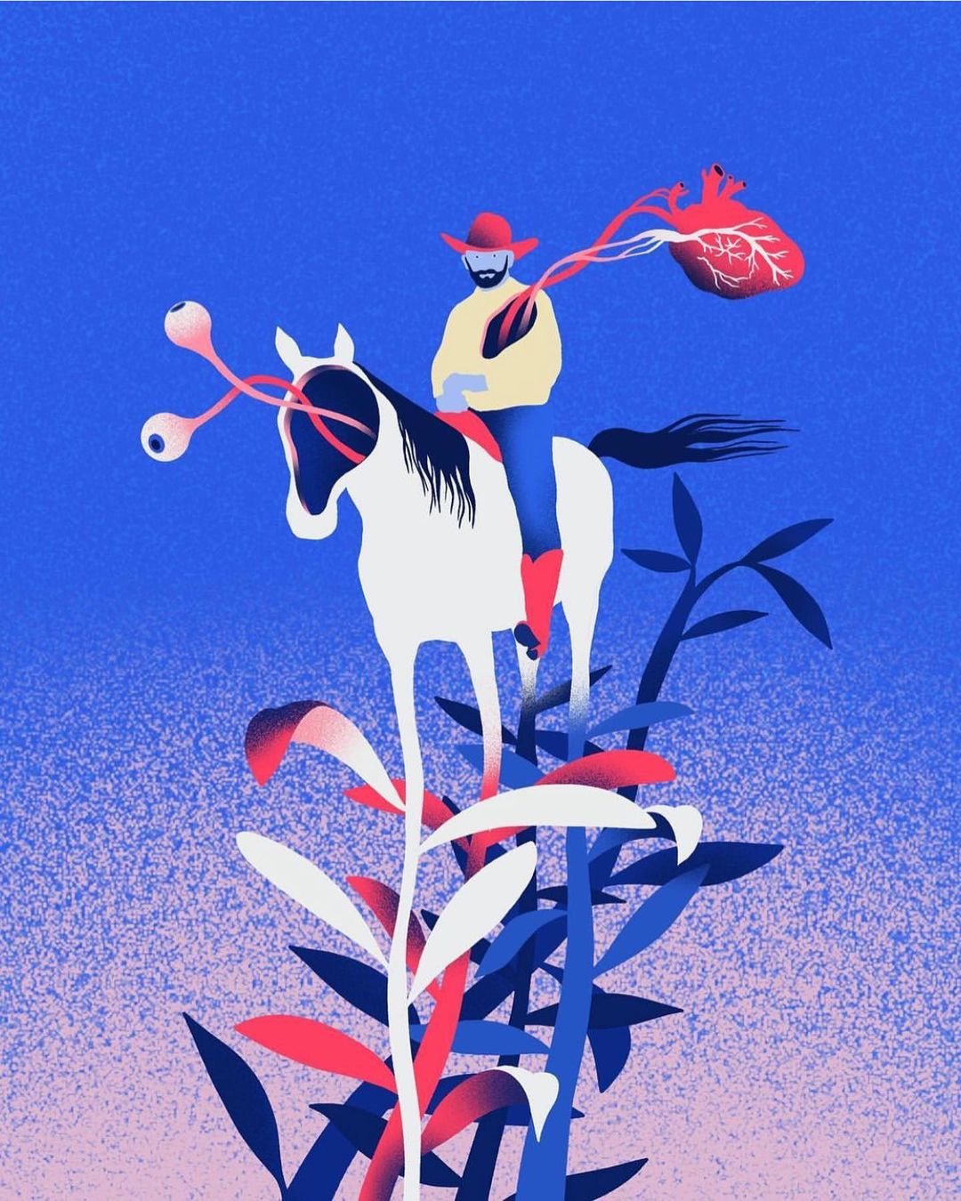 Digital art features a cowboy on a white horse sprouting eyeballs, holding a heart against a blue, pink-tinged background with plant life.