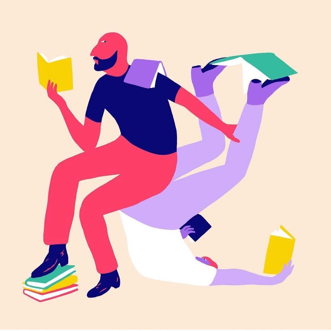 Illustration of three figures reading books, with colorful, flat design, creating a visually engaging and whimsical scene.