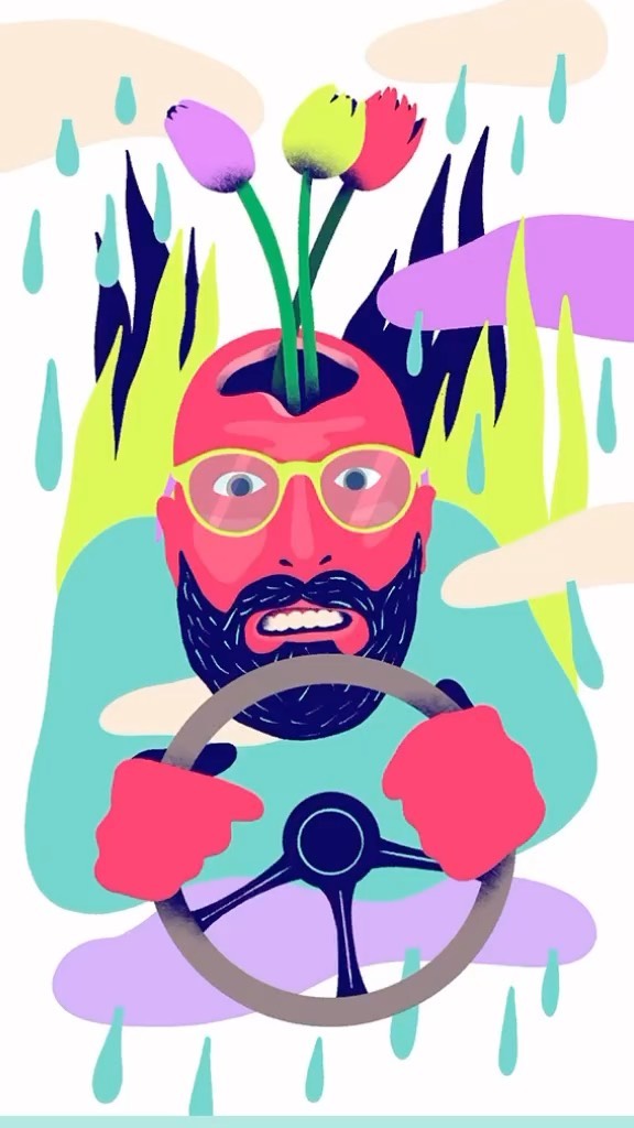 Illustration of an adult male driving with tulips growing out of his head; cartoon-style art shows rain and greenery in the background.