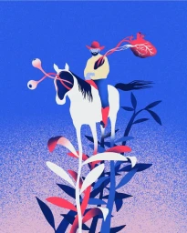 Surreal digital illustration by Ludwick Hernandez showing a cowboy on a white horse with extended glowing anatomical hearts and floating eyes