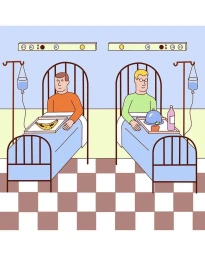 Illustration by Ludwick Hernandez featuring two men in hospital beds with IV drips against a checkered floor.
