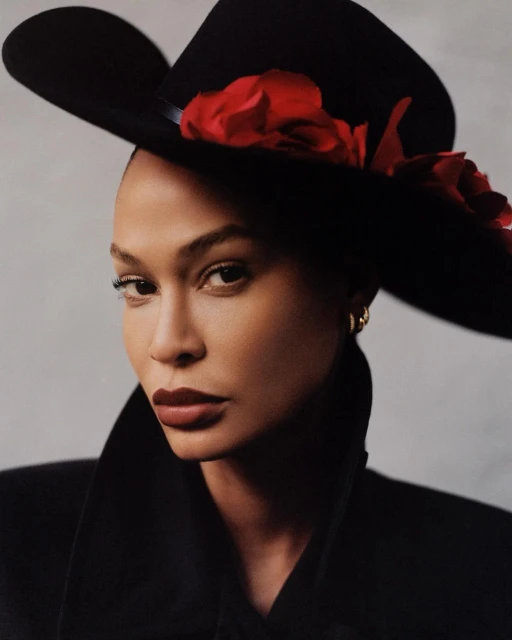 Close-up portrait of an adult female wearing a black hat with red floral accents and a black jacket against a neutral background.