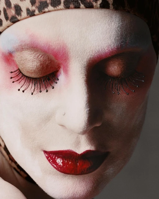 Close-up portrait of a person with heavy makeup and a leopard print headscarf, eyes closed, showcasing a striking and artistic beauty look.