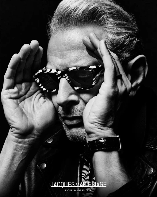 Black and white portrait of adult male wearing zebra-striped sunglasses, posing with hands near face, and wearing a black leather jacket.