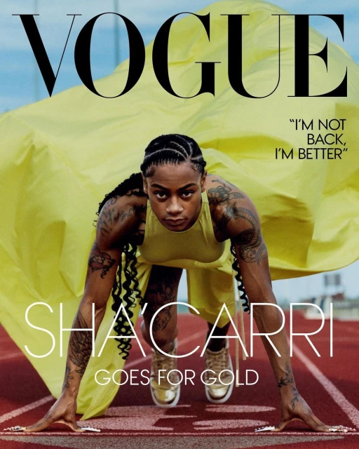 Vogue magazine cover featuring Sha'Carri Richardson in a starting stance on a track, draped with a vibrant yellow fabric, athletic fashion.