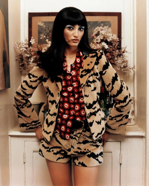 A stylish woman poses indoors wearing a patterned shorts suit and patterned blouse against a backdrop featuring framed artwork and decorative objects.