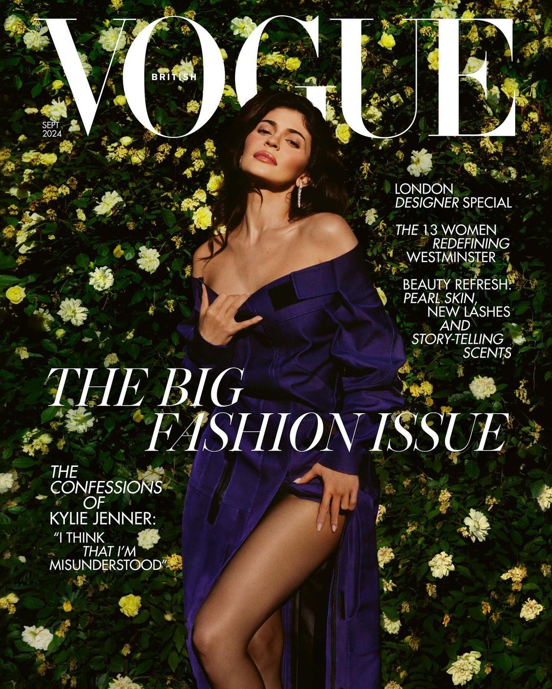 Vogue cover featuring Kylie Jenner in purple dress surrounded by yellow roses, British Vogue September 2024 fashion issue.