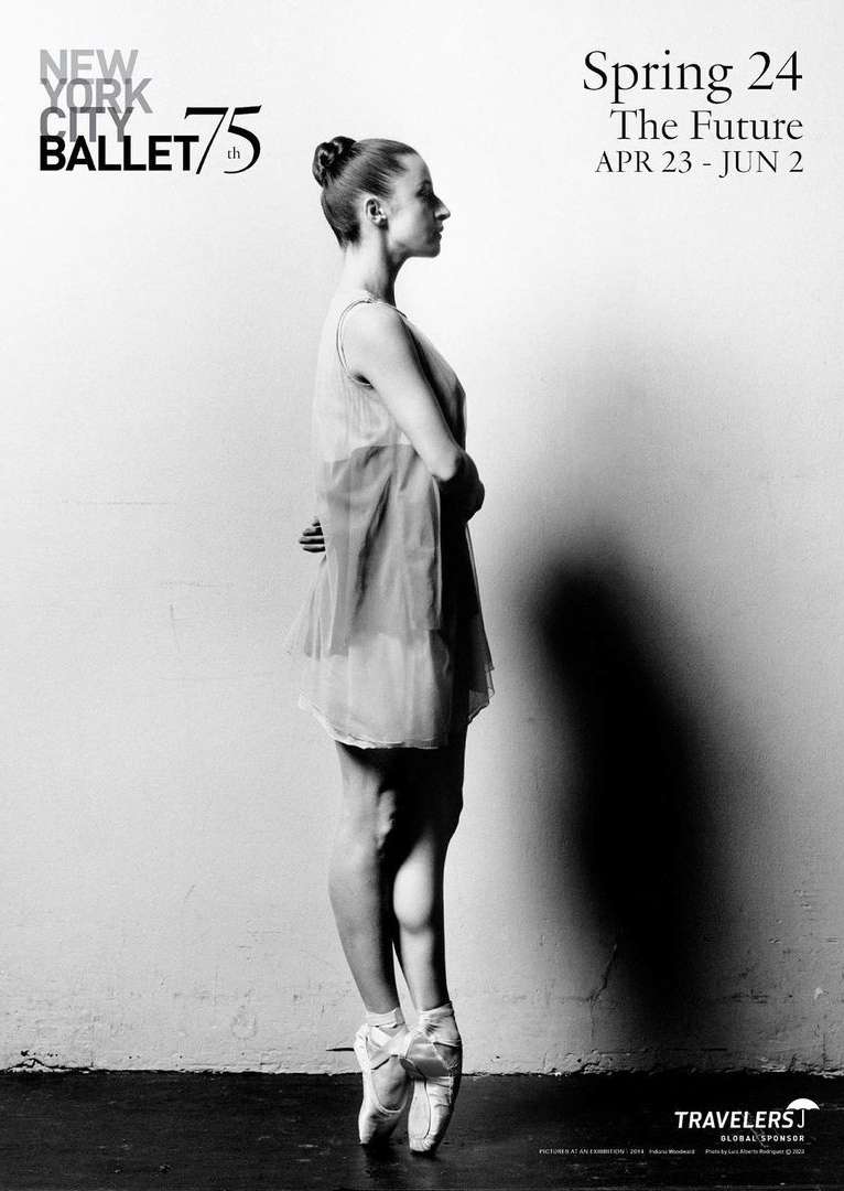 Black and white photo of a ballerina posing in pointe shoes against a wall, promoting the New York City Ballet's Spring 24 season.