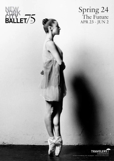 Black and white photo of a ballerina posing in pointe shoes against a wall, promoting the New York City Ballet's Spring 24 season.