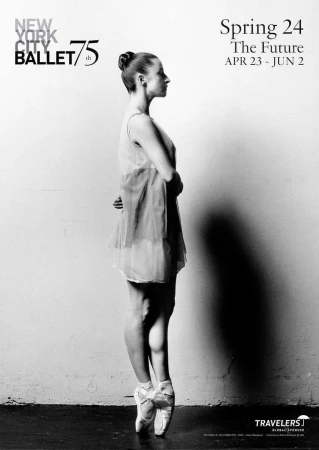 Black and white photo of a ballerina posing in pointe shoes against a wall, promoting the New York City Ballet's Spring 24 season.