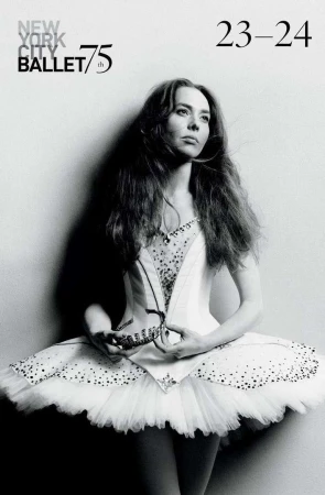 A ballet dancer in a white tutu and bodice poses in front of a wall in a black-and-white portrait, promoting New York City Ballet's 75th season.