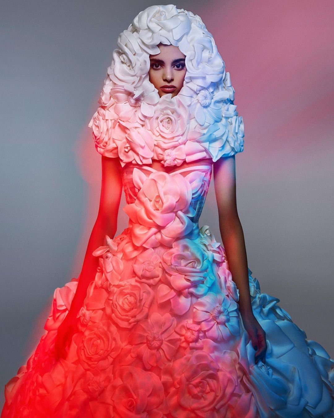 Fashion shot of a woman in a floral dress and large floral headpiece, illuminated by a red and blue light against a gray background.