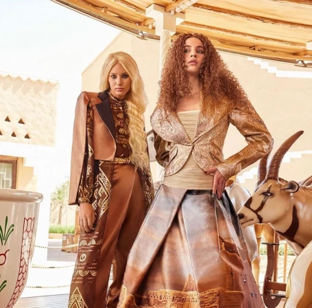 Two female models in styled patterned apparel posing outdoors near decorative carousel animals, photographed by Luis Monteiro.