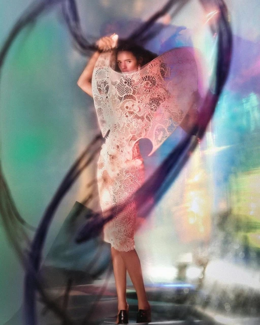 Woman poses in an ornate lace dress and black heels against an iridescent backdrop with blurred, flowing black fabric elements.
