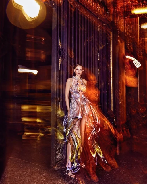 Elegant adult female poses in a flowing gown near an ornate metal gate with diffused golden lighting and a long exposure effect.