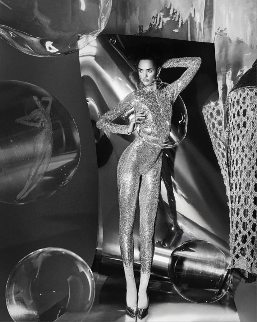 Monochrome portrait of a woman in a sequined jumpsuit posing with a hand on her hip surrounded by metallic and transparent orbs.