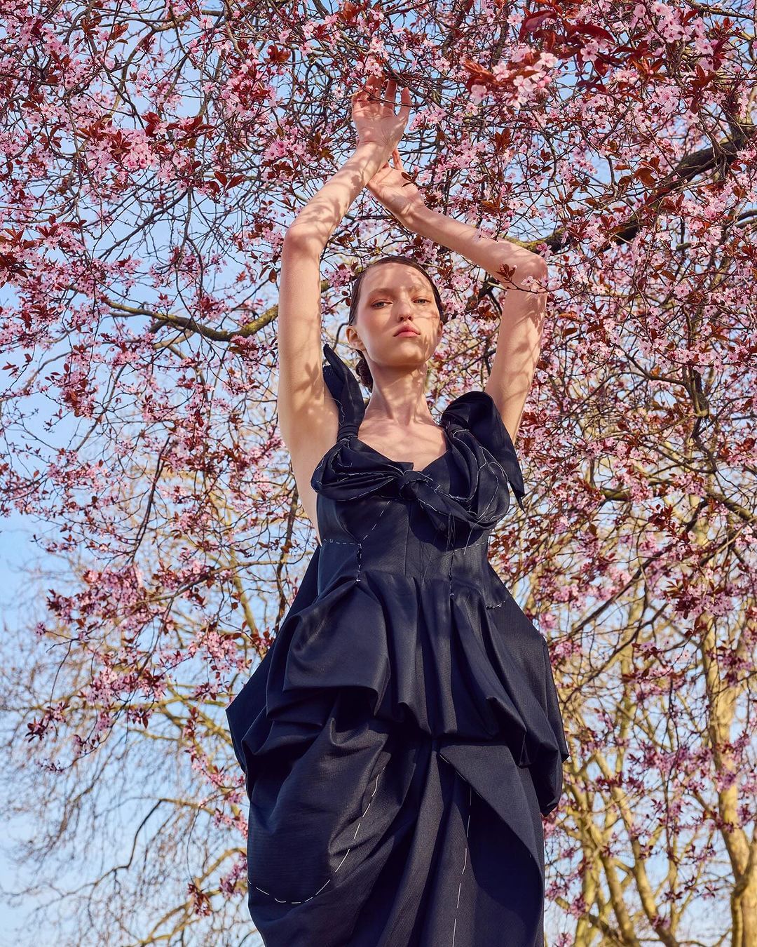 Woman in a dark dress with arms raised stands under pink blossoms of a flowering tree against a blue sky on a sunny day.