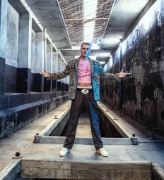 Man wearing a patterned blazer, pink crop top, and brown trousers standing inside an industrial warehouse in Milan by Luis Monteiro