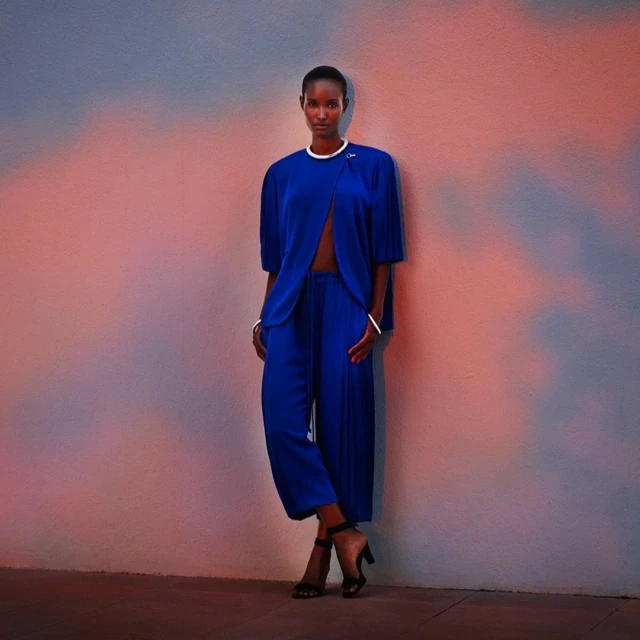 Elegant woman in blue pantsuit poses against a mottled backdrop, showcasing fashion and style with grace and confidence.