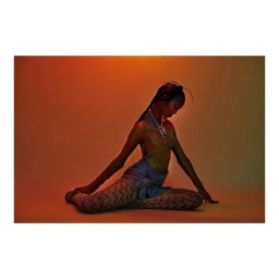 Model with braided hair in a seated pose wearing a patterned top and patterned tights against an amber lit backdrop.