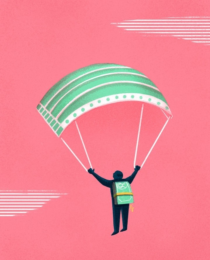 Illustration of a person parachuting with a mint-green medical mask parachute, on a pink background with stylized cloud shapes.