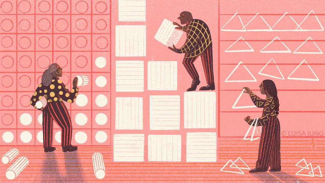 Illustration of three people creating geometric patterns on a wall with circles, squares, and triangles in a pink-toned, artful style.