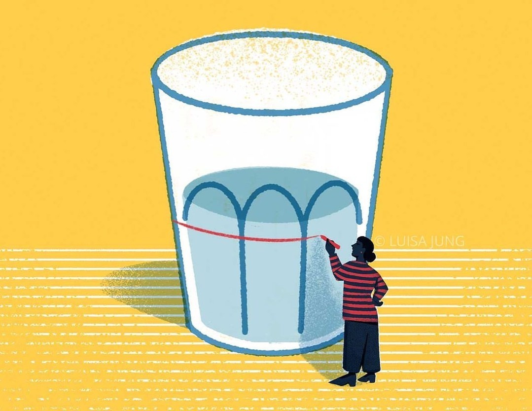 Illustration of a woman in a striped shirt using a red marker to draw a line on a large glass of water against a yellow background.