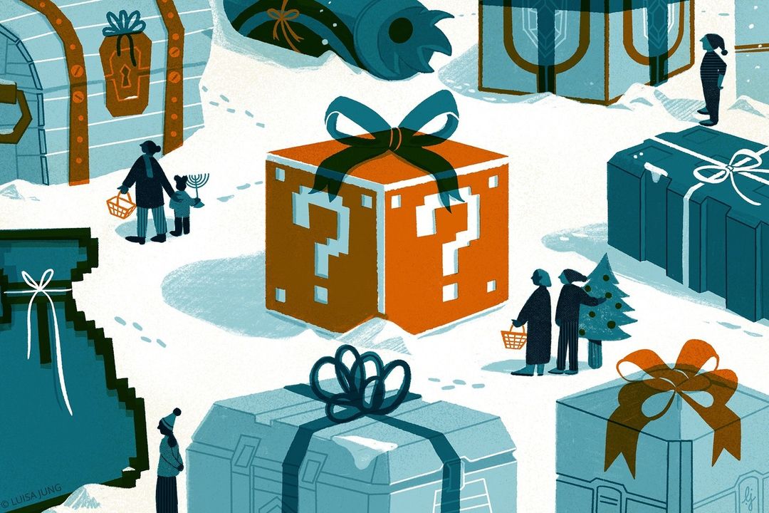 Illustration of holiday gift boxes in a snowy scene, featuring families with Hanukkah menorah and Christmas tree, set in winter season.
