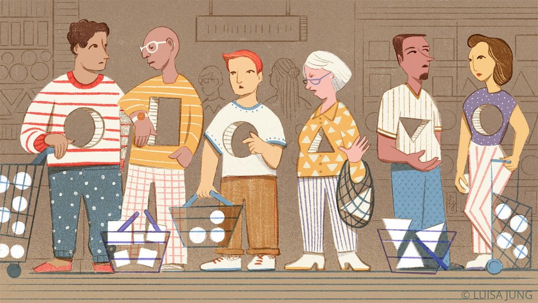Illustration of six people in a grocery store line, each with an abstract geometric shape cut out of their clothing.