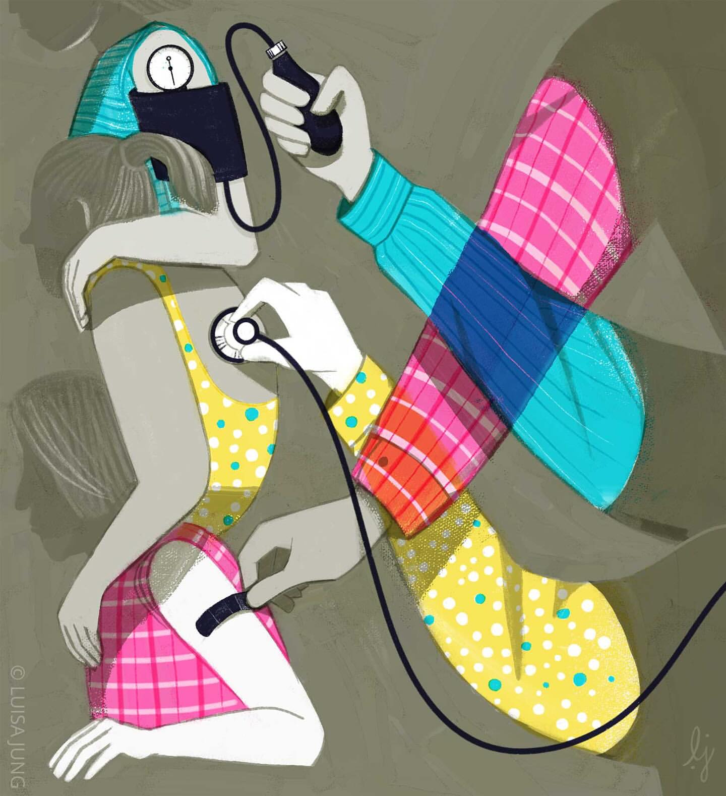 Graphic illustration of a woman receiving a medical checkup, blood pressure and heart rate, with colorful superimposed hands and equipment.