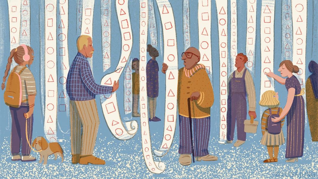 Illustration of people standing near geometric shape streamers: adults, child, dog, muted color palette, outdoor setting.