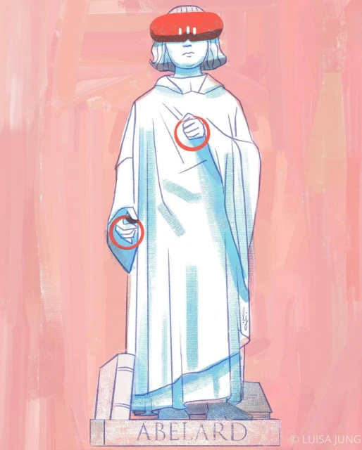 Illustration of a light-blue statue of a figure wearing virtual reality goggles, standing on a pedestal with the name 'Abelard'.