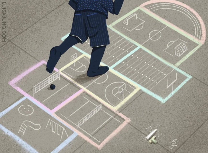 Illustration of a child playing hopscotch with sports-themed squares drawn in chalk on concrete, showcasing fun and outdoor activity.