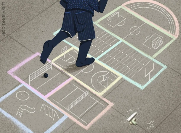 Illustration of a child playing hopscotch with sports-themed squares drawn in chalk on concrete, showcasing fun and outdoor activity.