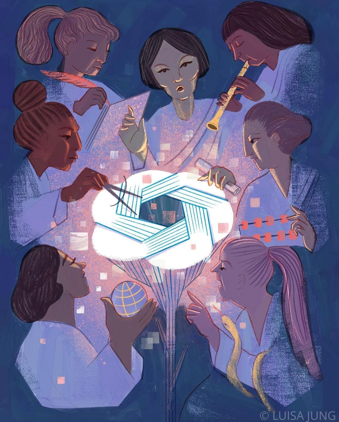 Illustration showing seven diverse women in lab coats surrounding a central geometric structure, holding tools, musical instrument, globe, and abacus.