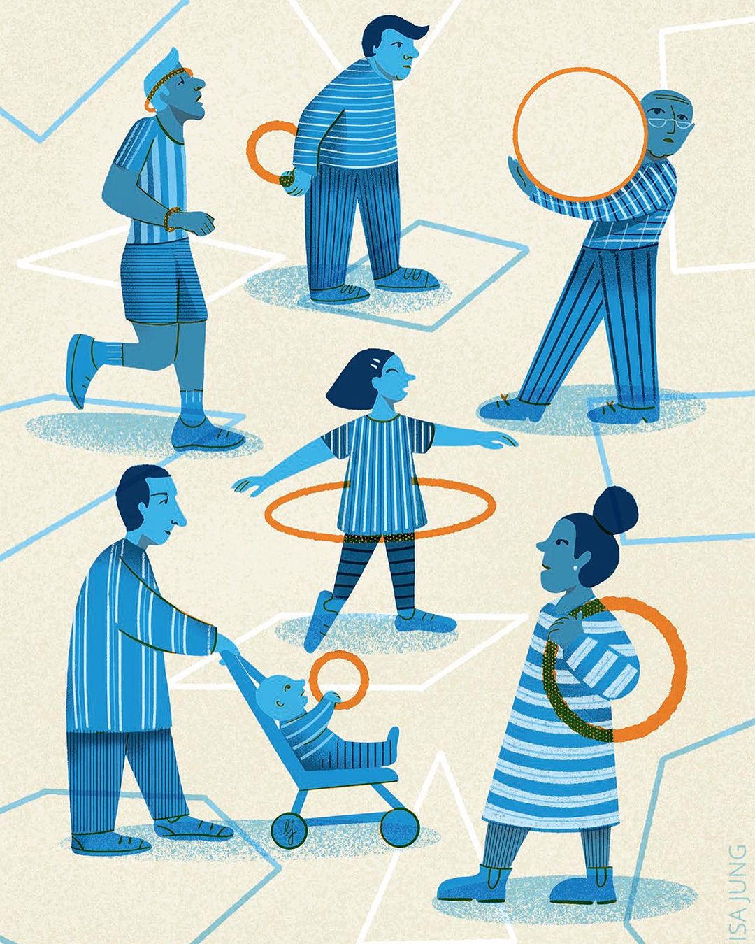 Illustration shows adults and a baby with blue skin and striped clothing playing with orange hoops on a light tan patterned floor.