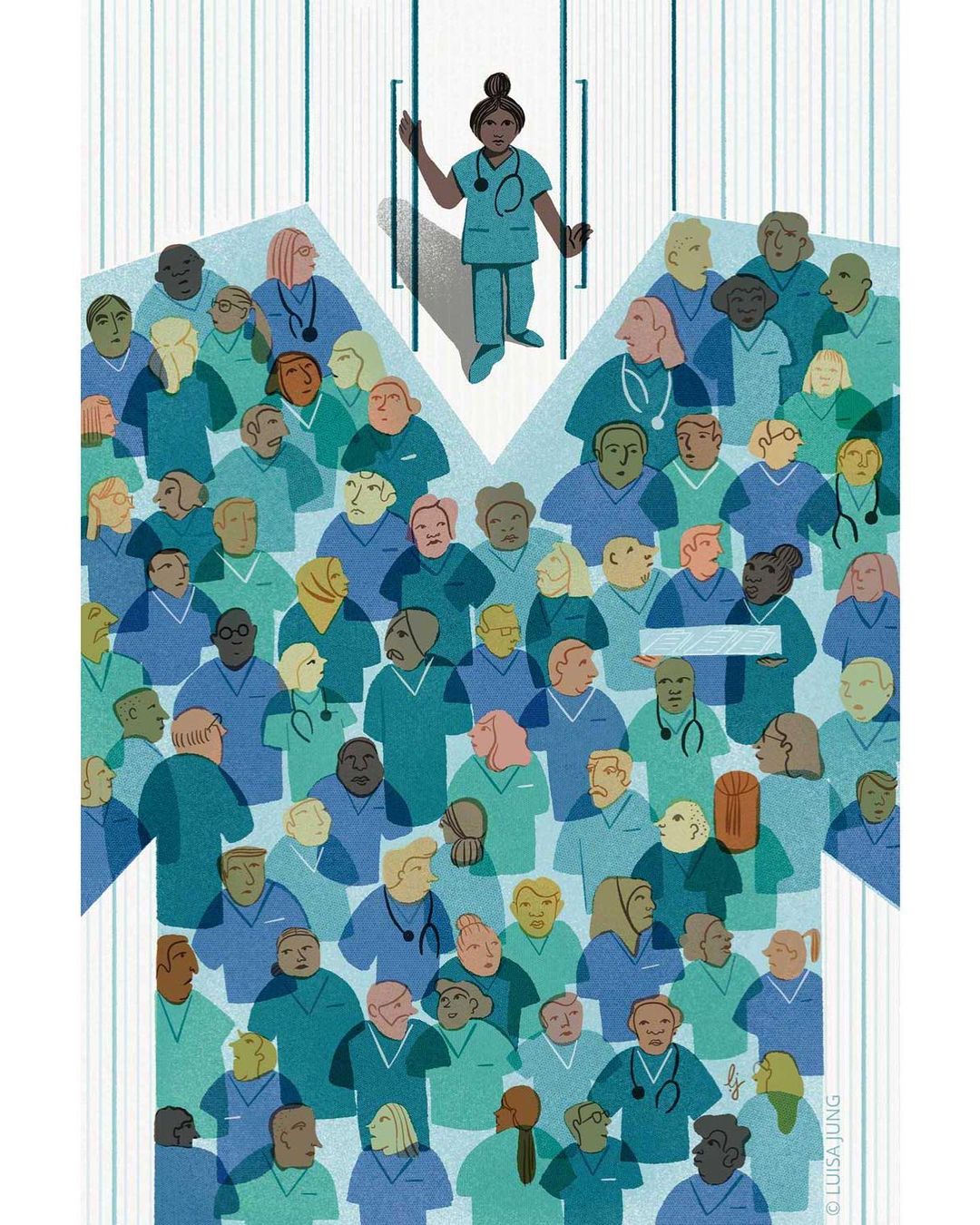 Illustration of diverse healthcare workers and medical staff in scrubs, with a woman in the foreground holding open doors.