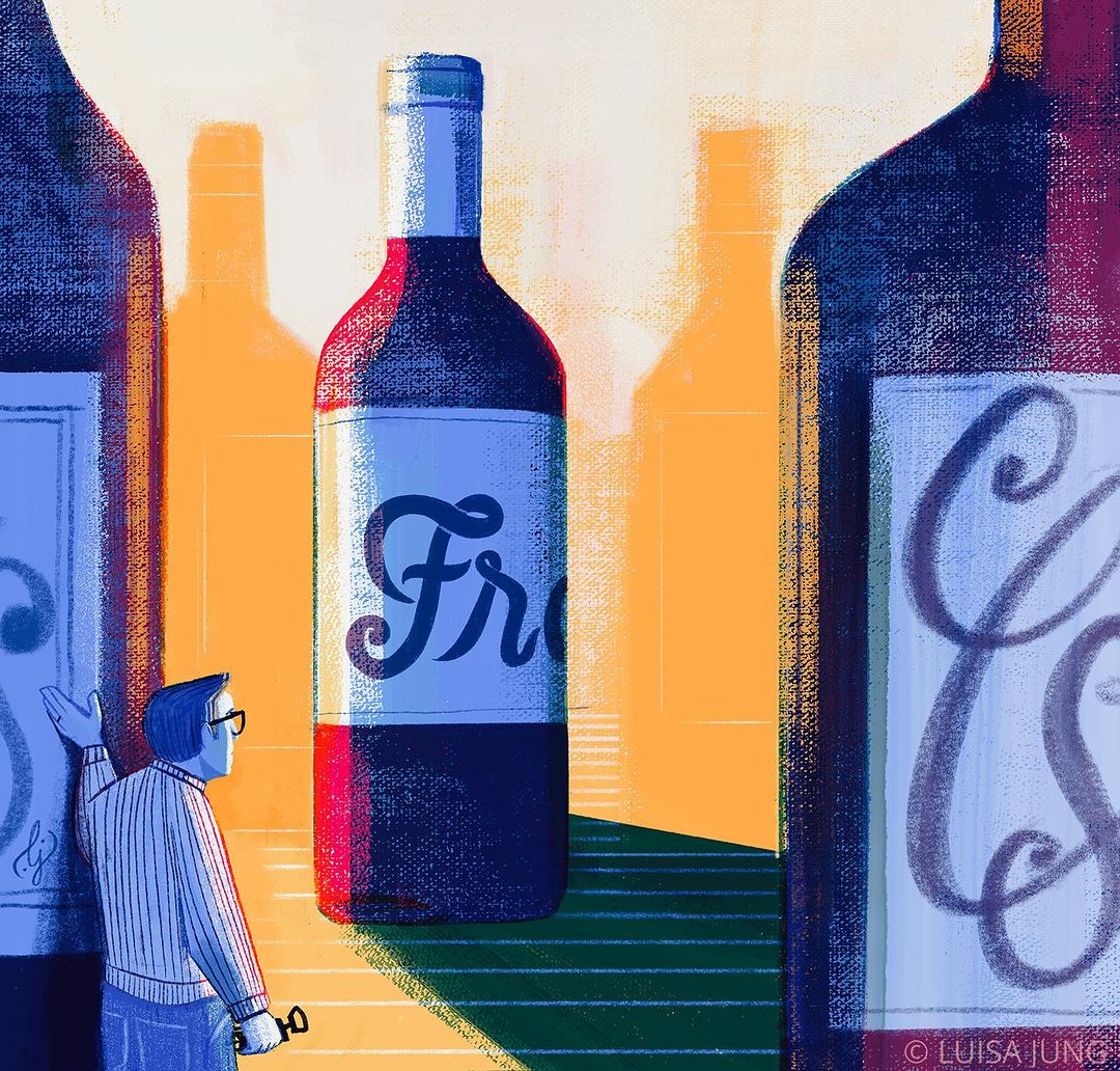Conceptual illustration of a man standing before an oversized wine bottle, cast shadows, and vibrant hues in an artful composition.