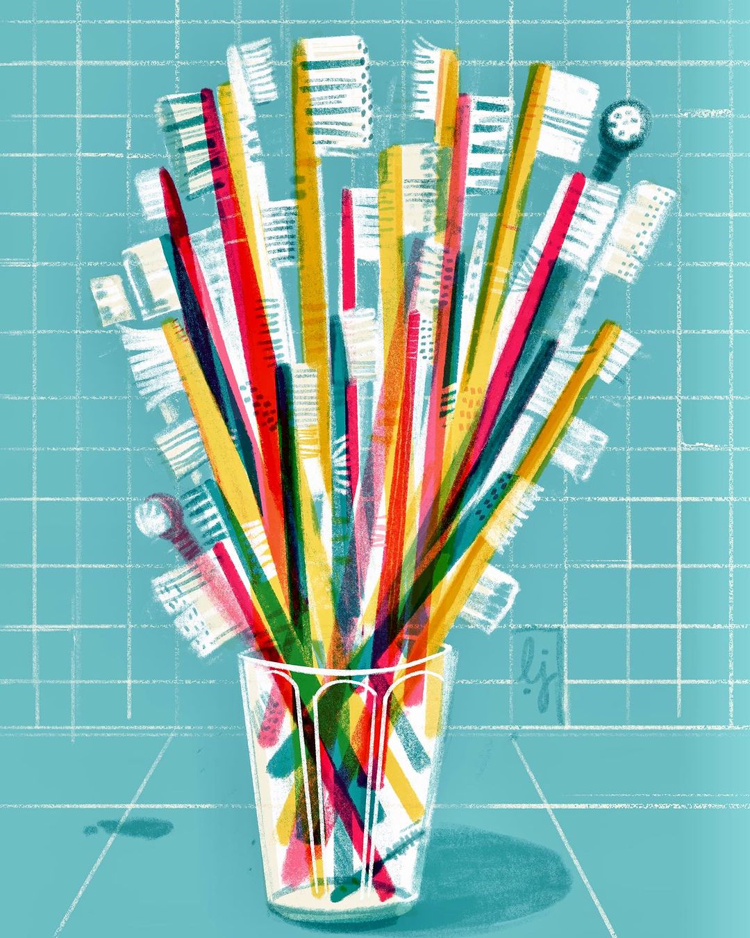 Illustration of a glass filled with colorful toothbrushes against a blue tiled background, creating a vibrant and playful bathroom scene.