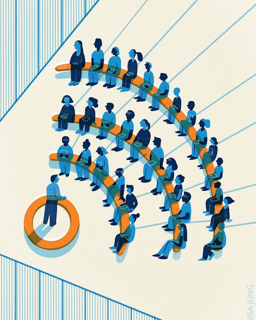 Illustration of a lecture hall with people sitting on benches arranged in a WiFi symbol formation, listening to a speaker.