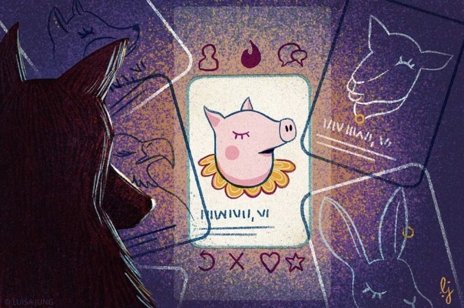 Illustrated image showing a wolf profile looking at a pig avatar on a card surrounded by other animal avatars, in a digital art style.