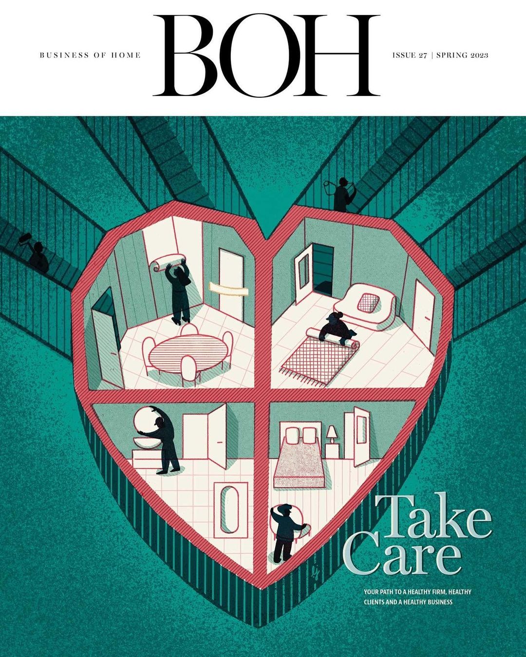 Illustration of Business of Home magazine cover features heart shape divided into four interior scenes with people.