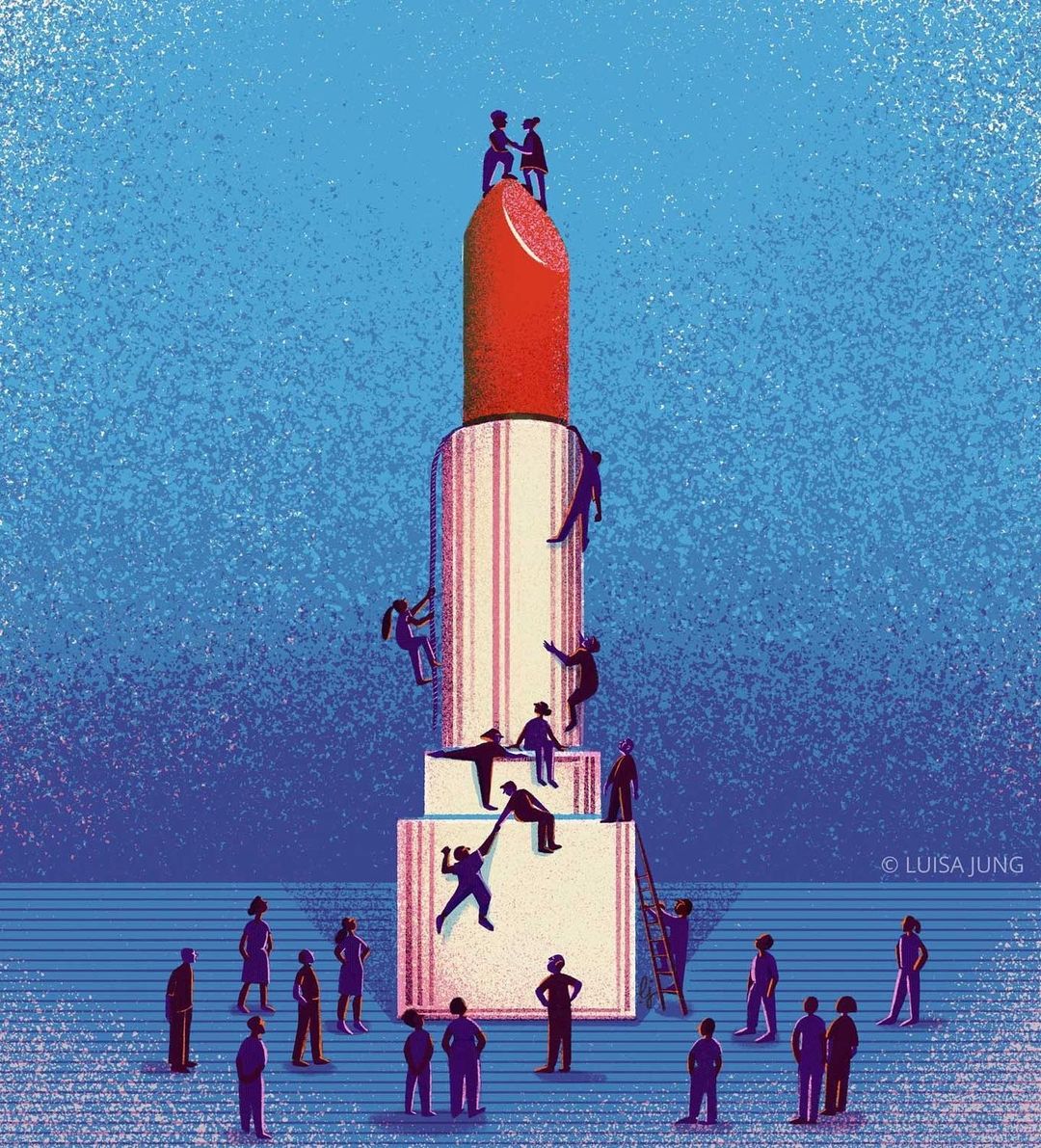 Illustration of people interacting with giant lipstick. Some climbing, some standing around looking up, against blue background.