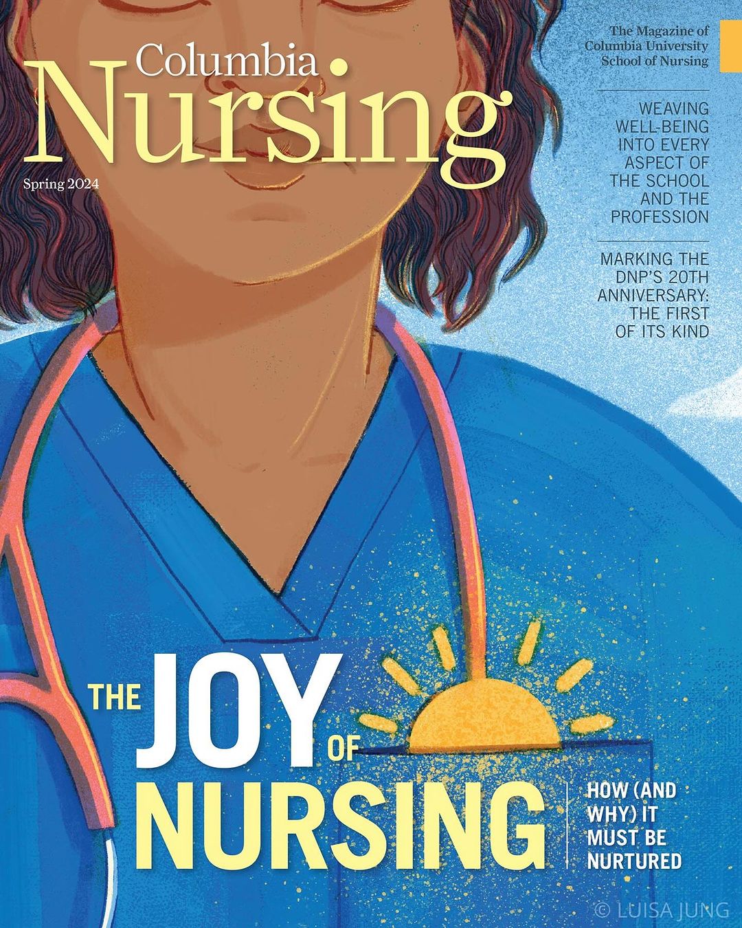 Illustration of a nurse wearing scrubs with a stethoscope around their neck, magazine cover for Columbia Nursing Spring 2024.
