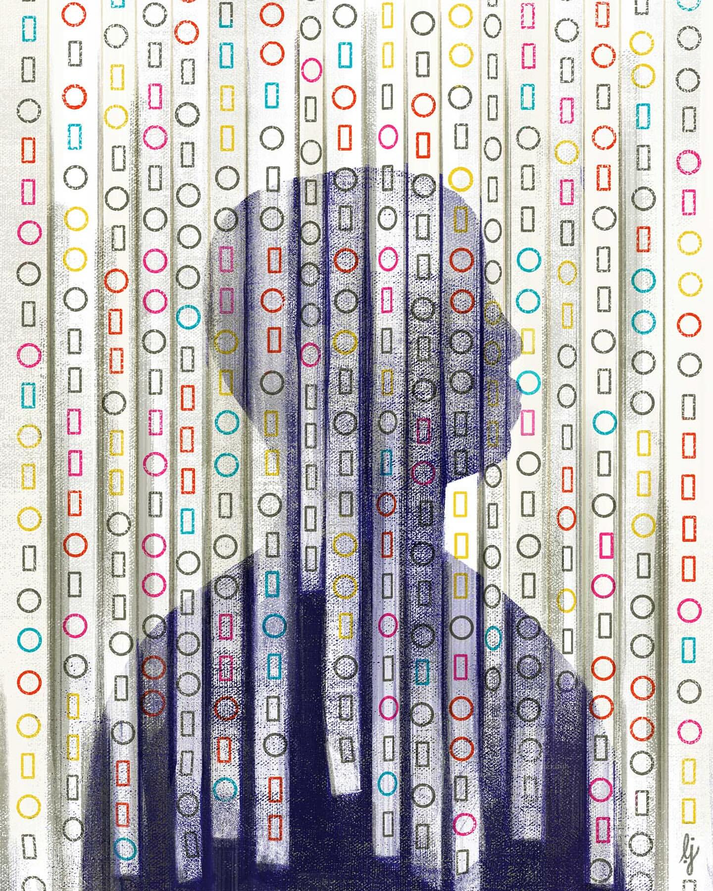 Illustration of a silhouetted figure in navy blue standing behind colorful hanging geometric shapes on a light, textured background.